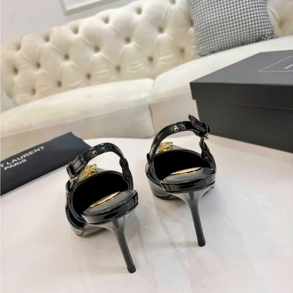 Saint Laurent Black Patent Slingback Heels with Gold Logo - Picture 4 of 7
